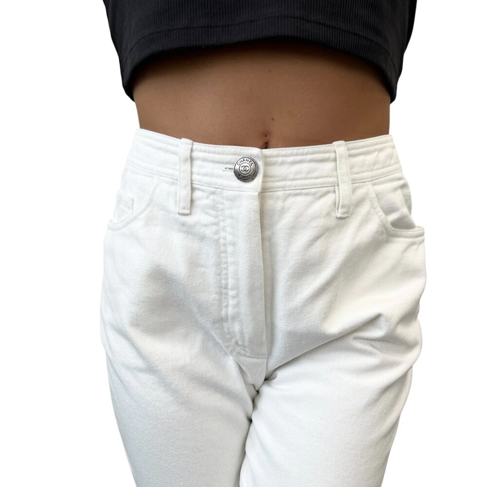 CHANEL Vintage 97C CC Logo Denim Pants #38 White Silver Cotton Stitch [105646] - Picture 3 of 13